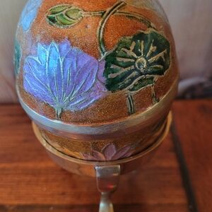 Vintage Brass Cloisonne Enamel Painted Egg Trinkket Box On Solid Brass Stand